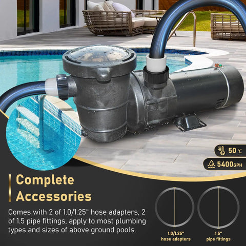Above Ground Pool Pump 1.5HP 115V With On Off Switch shown by poolside with hose adapters and pipe fittings displayed