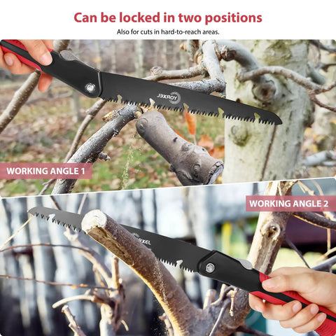 10 Inch Folding Camping Saw With High Carbon SK9 Steel Teflon Coated Rust Resistant Blade 2 Locking Positions in use cutting tree limbs.