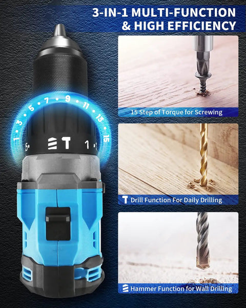Close-up of Brushless 20 Volt Cordless Hammer Drill Set showing torque, screw, drill, and hammer functions for various materials.