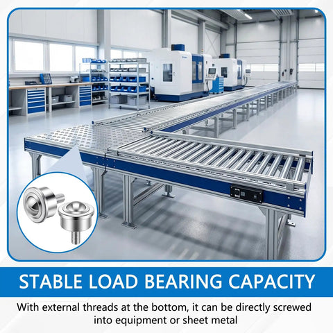 Heavy Duty 1 Inch Steel Ball Transfer Roller Casters 4 Pack With Threaded Stem, 1760 Lbs Max Load Capacity on conveyor system.