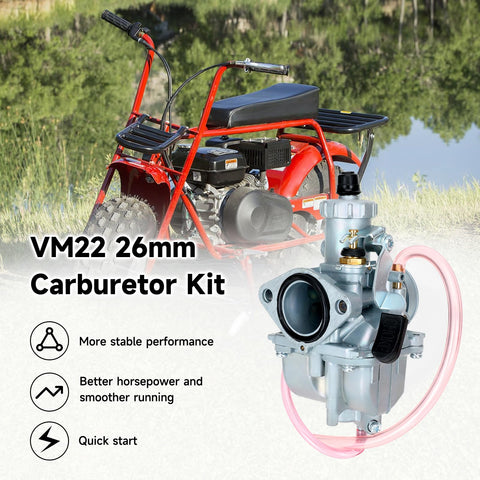 Red mini bike with VM22 Racing Performance Carburetor For Predator 212cc And 196cc Clone Engines beside it.