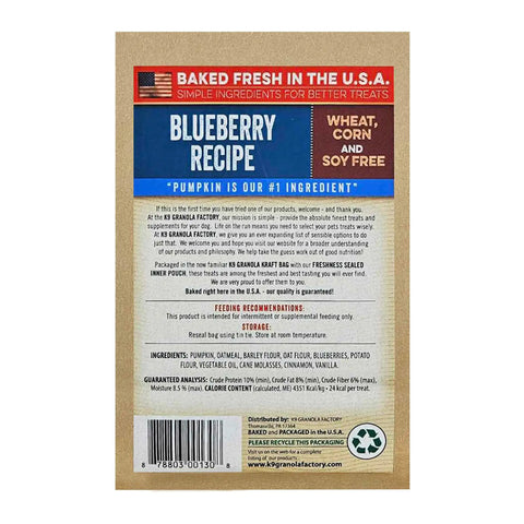 Back packaging of Blueberry Pumpkin Crunchers Grain Free Dog Treats with details and ingredients list visible.