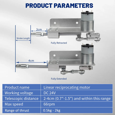 Mini Reciprocating Linear Actuator With 2cm To 4cm Stroke DC 24V 66 RPM diagram showing stroke length and product parameters.