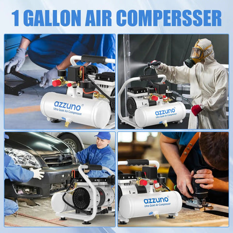 Azzuno 1 Gallon Ultra Quiet Air Compressor With Portable Electric Oil Free Motor And Fast Inflation For Tires, Ideal For Small Automotive Jobs And Home Workshop Tasks Using Reliable 90 Psi Pressure
