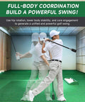 Golfer using Click Stick Golf Swing Training Aid With Arm Band And Wrist Strap For Inertia And Swing Rhythm Practice Weighted Trainer