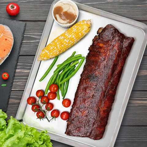 Half Sheet Baking Pan With Wire Cooling Rack Set For Oven Cooking 17.7 By 13 Inch Stainless Steel Rimmed Tray with roasted ribs and vegetables
