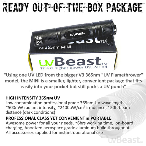 V3 365nm Mini Black Light UV Flashlight Dope Portable Powerhouse With 5 Core UV LED shown in packaging.