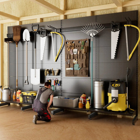 Garage Pegboard Tool Organizer Free Standing Rack with 21 Pegboard Storage Hooks holding garden and yard tools made of steel