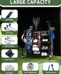 Heavy Duty Golf Bag Storage Rack With Rolling Wheels For Garage Or Clubhouse Durable Metal Stand Holds 2 Full Size Golf Bags And Gear