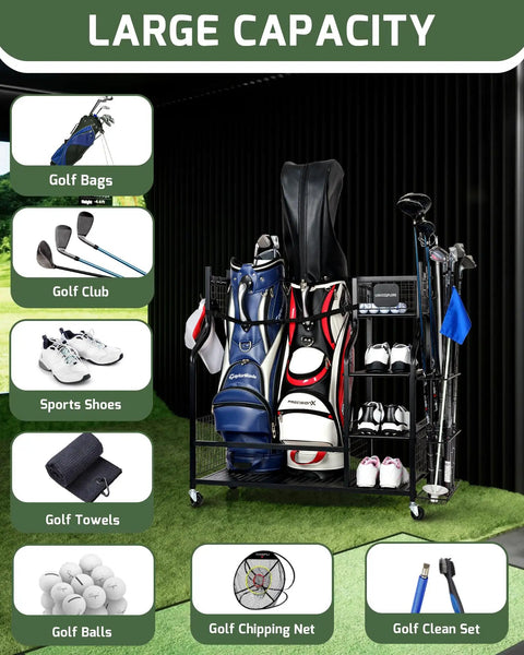 Heavy Duty Golf Bag Storage Rack With Rolling Wheels For Garage Or Clubhouse Durable Metal Stand Holds 2 Full Size Golf Bags And Gear