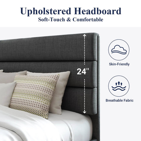 Upholstered headboard of Queen Platform Bed Frame built from heavy duty metal and solid wood, height 24 inches.