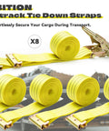 Heavy Duty E Track Ratchet Straps 8 Pack Tie Down Cargo Slings 2X15 Feet Yellow 4400 Lbs Breaking Strength on display