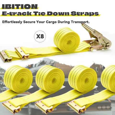 Heavy Duty E Track Ratchet Straps 8 Pack Tie Down Cargo Slings 2X15 Feet Yellow 4400 Lbs Breaking Strength on display