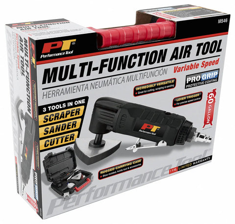 Boxed Pneumatic Oscillating Multi Tool Kit with scraper, sander, cutter, Pro Grip, 7 positions, variable speed, ergonomic handle.