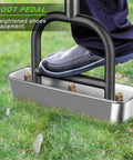 Person using Pre Assembled Manual Lawn Aerator With Three Stainless Steel Core Plugs And Soil Core Storage Tray as foot pedal.