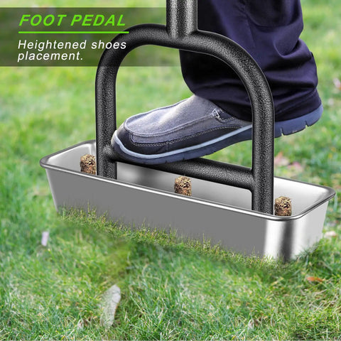 Person using Pre Assembled Manual Lawn Aerator With Three Stainless Steel Core Plugs And Soil Core Storage Tray as foot pedal.