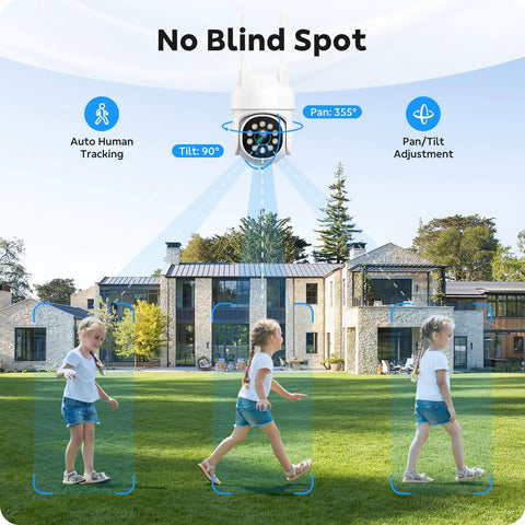Wireless Home Security Camera System with 8 PTZ Outdoor Cameras and 16CH NVR demonstrating 355° pan, tilt, and AI human detection.