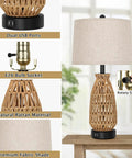 Set Of 2 Rattan Table Lamps With USB Ports, Coastal Woven Bedside Lamps 26 Inch Tall, Farmhouse Design With Cream Shade