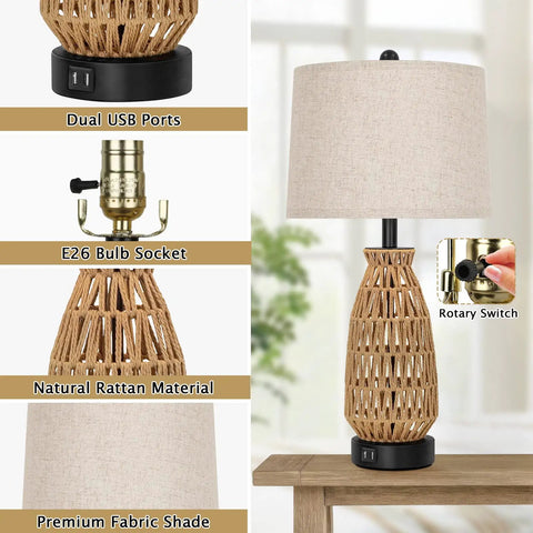 Set Of 2 Rattan Table Lamps With USB Ports, Coastal Woven Bedside Lamps 26 Inch Tall, Farmhouse Design With Cream Shade