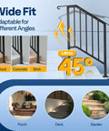 2 Pack Galvanized Steel Hand Rails For Outdoor Steps With 27.1 Inch Curved Ends And Safety Balusters Exterior Railing Kit adaptable to wood, concrete, and brick surfaces with 45-degree lift demonstration.