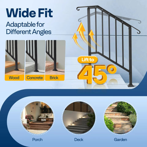 2 Pack Galvanized Steel Hand Rails For Outdoor Steps With 27.1 Inch Curved Ends And Safety Balusters Exterior Railing Kit adaptable to wood, concrete, and brick surfaces with 45-degree lift demonstration.