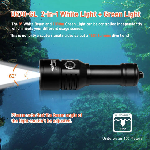 Two In One Scuba Diving Light With 1500 Lumen White Beam And Green Signal For Night Dives showcased underwater