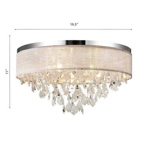Flush Mount Ceiling Light Fixture With Crystal Chandelier 19.5 Inch Drum Modern Pendant K9 Crystals Fabric Shade Close To Ceiling