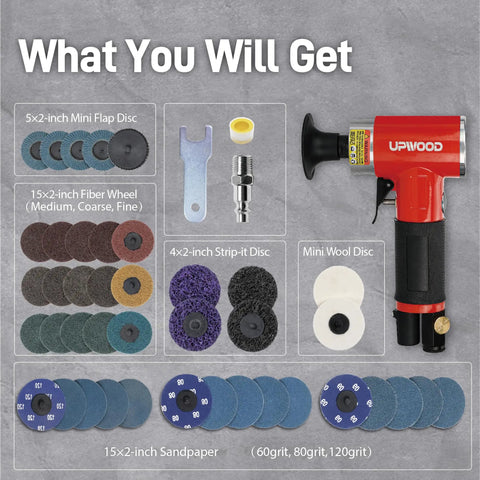 Tiny But Mighty Mini Air Powered Orbital Sander Kit 2 Inch Right Angle Surface Prep Tool With 41 Roll Lock Discs and accessories