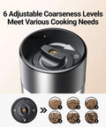 Upgraded Large Capacity Electric Salt And Pepper Grinder Set showing adjustable coarseness levels dial with grind texture options.