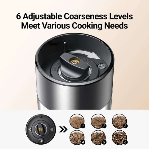 Upgraded Large Capacity Electric Salt And Pepper Grinder Set showing adjustable coarseness levels dial with grind texture options.