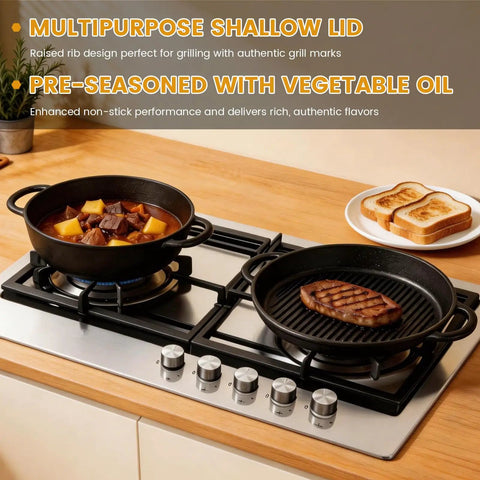 All In One Cast Iron Dutch Oven And Skillet Lid Pre Seasoned Heavy Duty Cookware For Bread Baking And Frying Camping BBQ