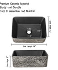 Rectangular Ceramic Vessel Sink For Bathroom Above Counter Dope Slate Gray 16 By 12 Inches Porcelain Basin With Easy Clean Stain Resistant Modern Look, dimensions shown