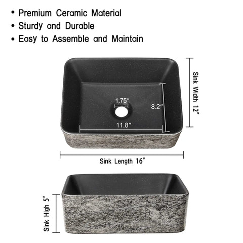 Rectangular Ceramic Vessel Sink For Bathroom Above Counter Dope Slate Gray 16 By 12 Inches Porcelain Basin With Easy Clean Stain Resistant Modern Look, dimensions shown