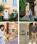 Solid As A Rock Matte Black Outdoor Handrail For One To Three Step Stairs Heavy Wall Mounted Grab Bar With Full Hardware Kit shown at various home entrances.