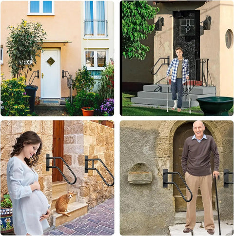 Solid As A Rock Matte Black Outdoor Handrail For One To Three Step Stairs Heavy Wall Mounted Grab Bar With Full Hardware Kit shown at various home entrances.