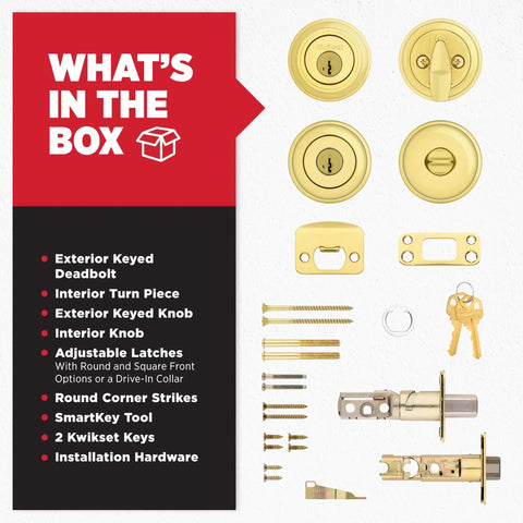 Keyed Front Door Knob And Deadbolt Set With SmartKey Rekey, Polished Brass Exterior Entry Kit contents, including knobs and hardware.