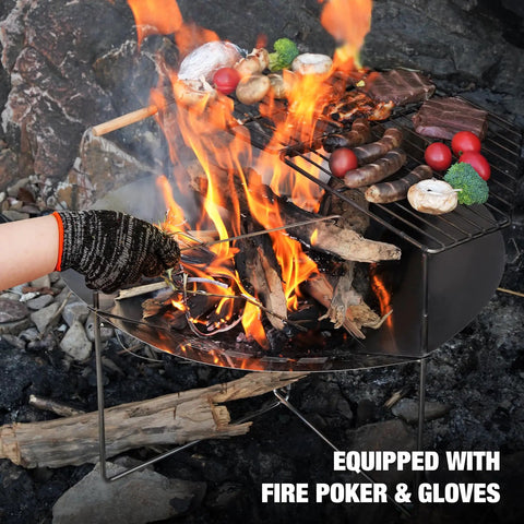Portable 20 Inch Stainless Steel Wood Burning Fire Pit With Folding Grill And Carry Bag Ultra Compact Travel Ready Stows To About One Point Two Inches Weighs About Six Lbs Ideal For Camping Picnics Backpacking Beach Trips And Outdoor Heating with food grilling