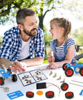 Father and daughter assembling Totally Solar Powered STEM Car Kits For Kids 8 9 10 11 12 13 outdoors.