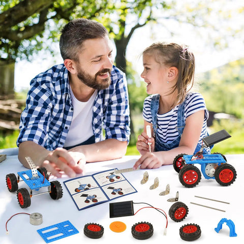 Father and daughter assembling Totally Solar Powered STEM Car Kits For Kids 8 9 10 11 12 13 outdoors.