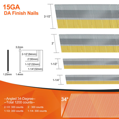15 Gauge DA Angled Finish Nails 34 Degree Multi Size Pack Galvanized 1200 Nails For Pneumatic Or Electric Angled Finish Nailer