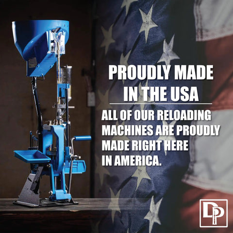 XL750 Auto Indexing Progressive Reloading Press For 9mm Cartridges made in USA with American flag backdrop