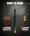 10 Inch Flexible MIG Gun Extension For Tight Spaces Pro Grade Heavy Duty Universal Fit For Gas And Flux Core Welding With Patented Low Restriction Design, shown with copper tips and adapters.