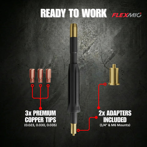 10 Inch Flexible MIG Gun Extension For Tight Spaces Pro Grade Heavy Duty Universal Fit For Gas And Flux Core Welding With Patented Low Restriction Design, shown with copper tips and adapters.