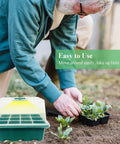 Seed Starter Tray 3 Pack With Grow Light For Indoor Seed Starting Seedling Kit shown with gardener in outdoor setting