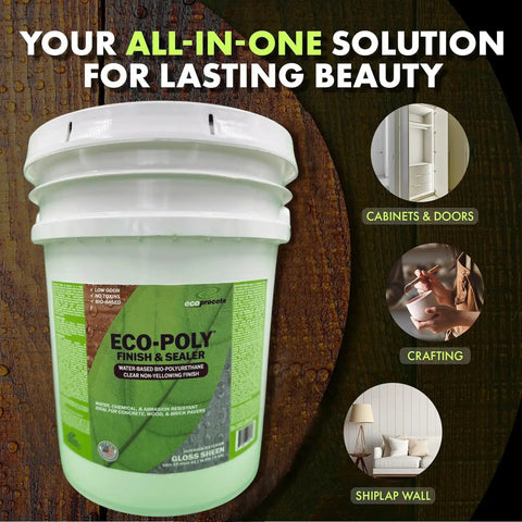 Rock Solid Polyurethane Floor Sealant For Hardwood And Exterior Decks Ultra Clear Gloss Water Based Non Toxic Varnish 5 Gallon Bucket shown with glossy finish.