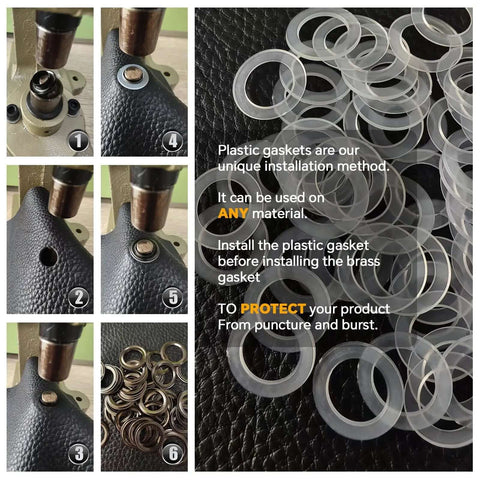 Upgraded Heavy Duty Hand Press Grommet Kit with plastic gaskets for installation, showing step-by-step process and protective method.