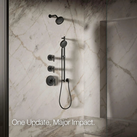 Purist Single Function Showerhead with Matte Black Finish, 2.5 GPM Flow, High Pressure Sprayface with 66 Nozzles in modern shower