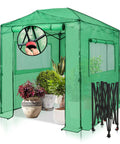 8x6 Portable Walk In Greenhouse Pop Up Indoor Outdoor Garden Shelter Kit With Zippered Doors And Windows PE Cover Clear Green No Tools Needed Center Lock Quick Setup showing foldable frame and plants inside