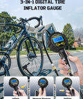 Universal Presta And Schrader Valve Adapter With 200 PSI Pressure Gauge used to inflate bike tire on suburban street