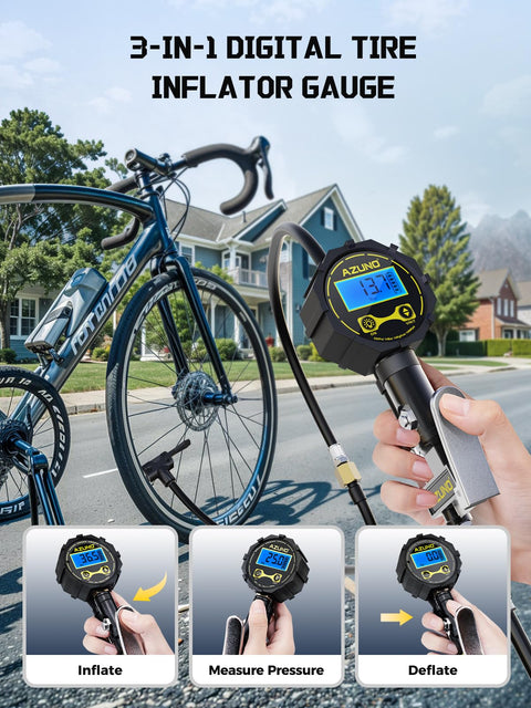Universal Presta And Schrader Valve Adapter With 200 PSI Pressure Gauge used to inflate bike tire on suburban street